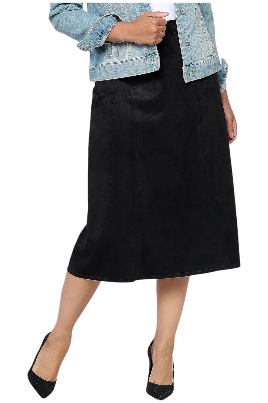 Susan Graver Women's Knit Faux Suede Paneled Midi Skirt Black - Petite